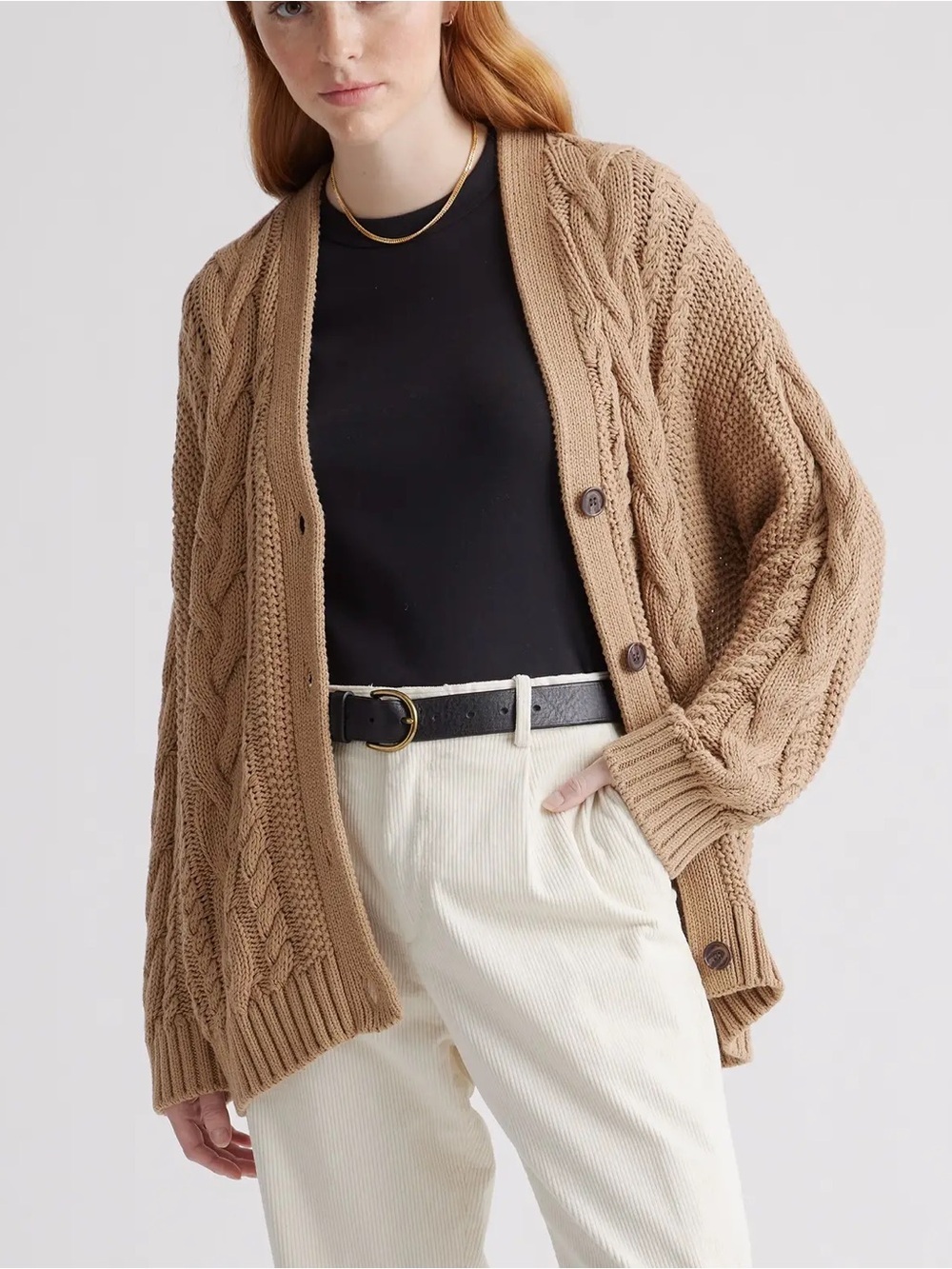 Quince 100% Organic Cotton Oversized Cable Knit Cardigan Size Small Tan camel